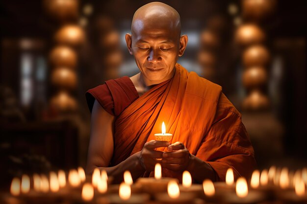 Los monjes están encendiendo velas para realizar rituales en el ubosot