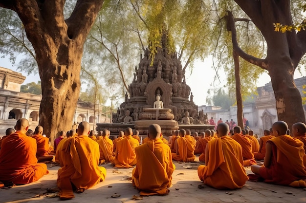 Foto los monjes de meditación buscan la iluminación bajo el sagrado árbol bodhi en bodh gaya, india