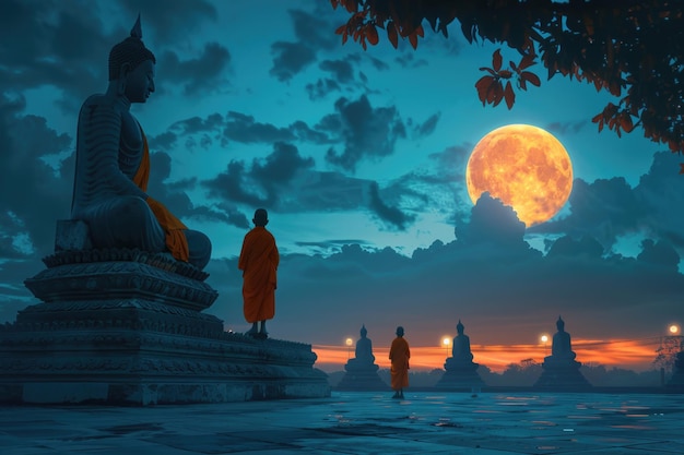 Los monjes se paran frente al Buda sentados meditando en el cielo en un hermoso día de luna llena