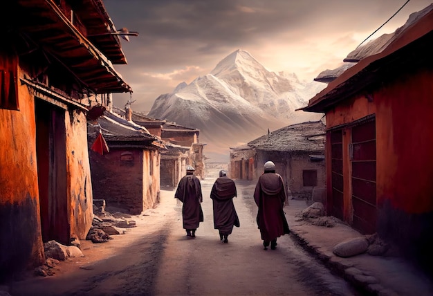 Monjes paseando por un pueblo del Tíbet Ia generativa