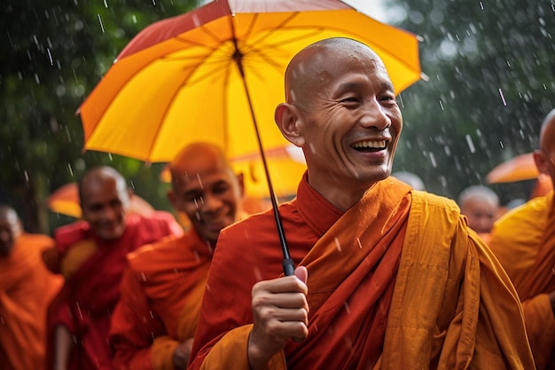 Los monjes de Songkran bajo la lluvia