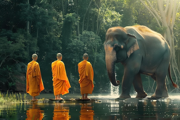 Foto los monjes con túnicas simples se mueven pacíficamente junto a un suave elefante generativo ai