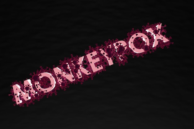 Monkeypox-Schriftzug mit Makrovirusmolekülen auf dunklem Hintergrund 3D-Rendering