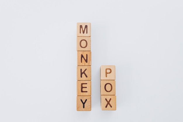 MONKEYPOX Wort geschrieben auf quadratischen Holzfliesen mit weißem Hintergrund Zoonotische Viruserkrankung