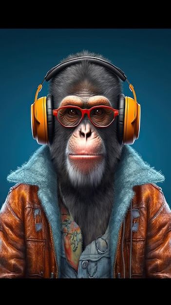 Mono al estilo de nada no ver nada oír nada hablar usando auriculares escuchando rap gangsta Generado por IA