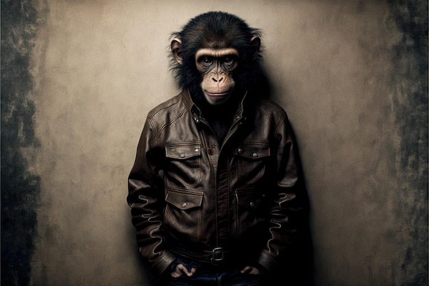 Mono americano con chaqueta de cuero de pie con las manos en los bolsillos contra la pared creado con generativ