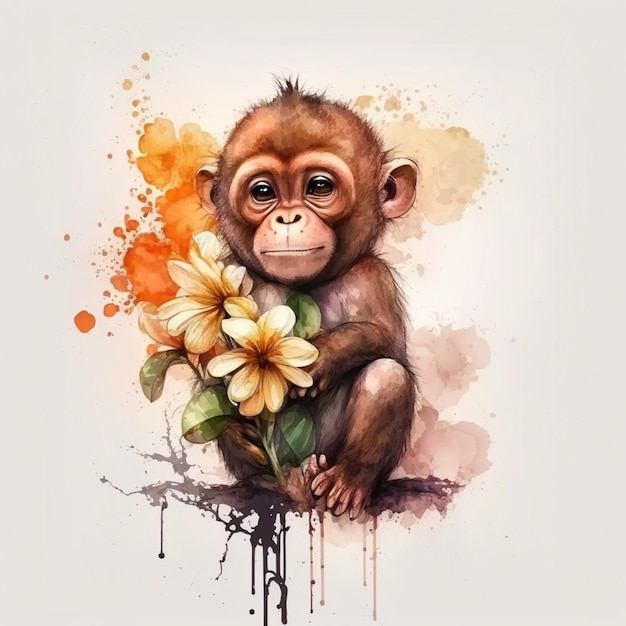 Mono arafado con flores y salpicaduras de pintura en un fondo blanco