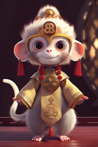 Mono Arafed vestido con un traje chino con un sombrero de oro generativo ai