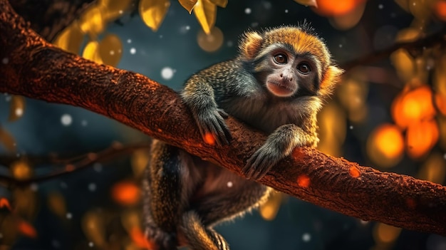 Mono en el árbol hermoso Mono con ojos naranjas de alto contraste