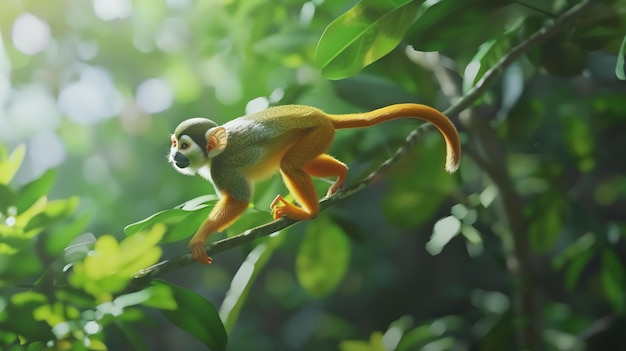 Mono ardilla con pelaje naranja brillante y ojos negros sentado en una rama en la selva tropical