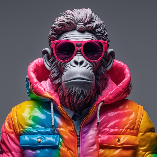 Foto mono arrafado con gafas de sol y una chaqueta colorida con una capucha generativa ai