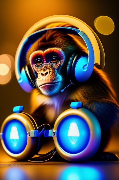 Un mono con auriculares y un micrófono en la cabeza.