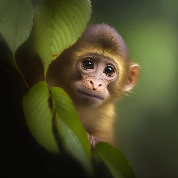 Un mono bebé se asoma desde un árbol con los ojos bien abiertos.