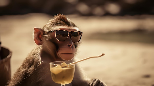 Un mono bebiendo un cóctel con gafas de sol