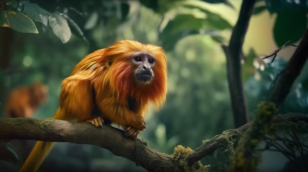 Un mono con cabello naranja se sienta en una rama en una jungla.