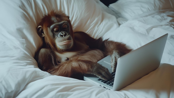 Foto mono en la cama con una computadora portátil ia generativa