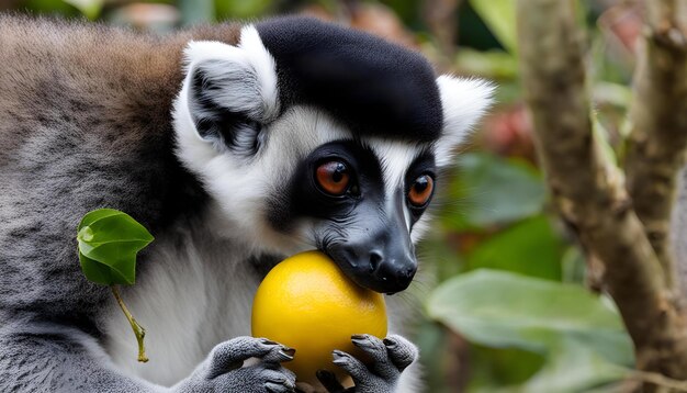 Foto un mono con una cara negra y blanca está comiendo una fruta amarilla