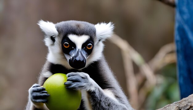 Foto un mono con una cara negra y blanca sostiene una manzana