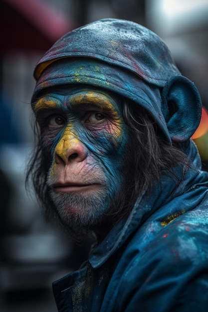 Un mono con la cara pintada y un sombrero.