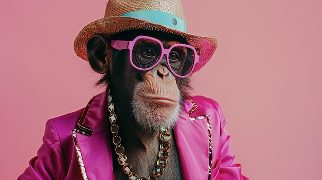un mono con una chaqueta rosa y gafas púrpuras