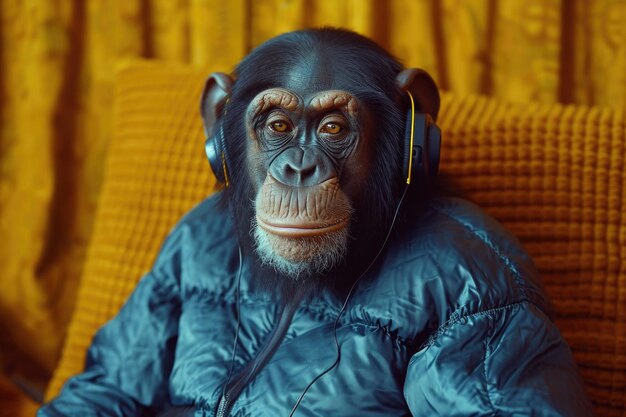 Un mono chimpancé con auriculares musicales está sentado en un sillón