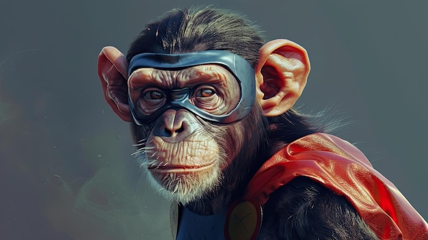 Mono chimpancé en un disfraz de superhéroe capa gafas animal salvaje en ropa humana mascota animal salvaje estilo realista orejas grandes rostro animal refleja coraje confianza generativo por IA