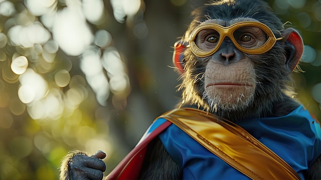 Mono chimpancé en un disfraz de superhéroe capa gafas animal salvaje en ropa humana mascota animal salvaje estilo realista orejas grandes rostro animal refleja coraje confianza generativo por IA