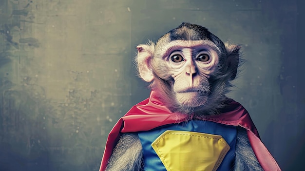 Mono chimpancé en un disfraz de superhéroe capa gafas animal salvaje en ropa humana mascota animal salvaje estilo realista orejas grandes rostro animal refleja coraje confianza generativo por IA
