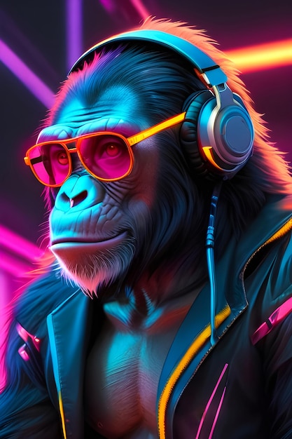 Mono cibernético con gafas de sol, auriculares, arte de dibujo digital y chimpancé funky en estilo cyberpunk