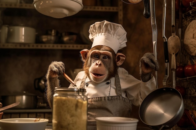 Un mono en una cocina con gorro de cocinero.