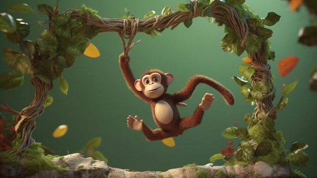 Un mono colgando de una vid con un fondo verde y un árbol con hojas y un mono colgando de él.