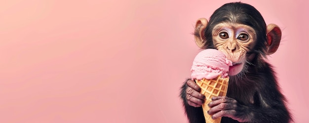 Foto mono comiendo un cono de helado rosado en un fondo rosado