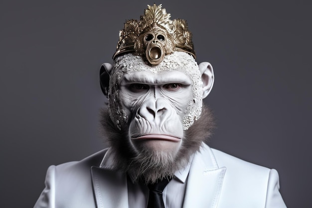 Un mono con corona de oro y traje blanco.