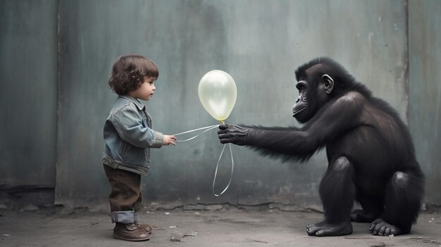 Foto un mono le da un globo a un niño.