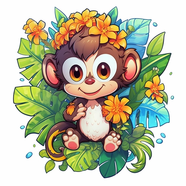 Foto mono de dibujos animados con flores y hojas generativo ai