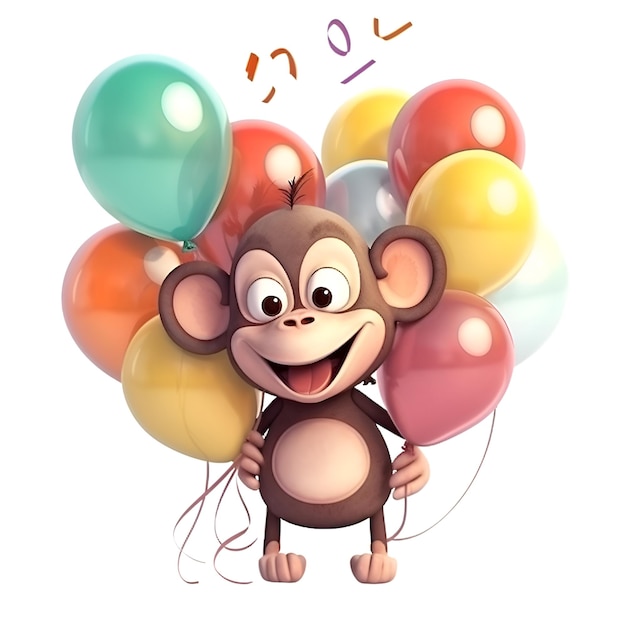 Mono de dibujos animados con globos y confeti en fondo blanco Ilustración 3D