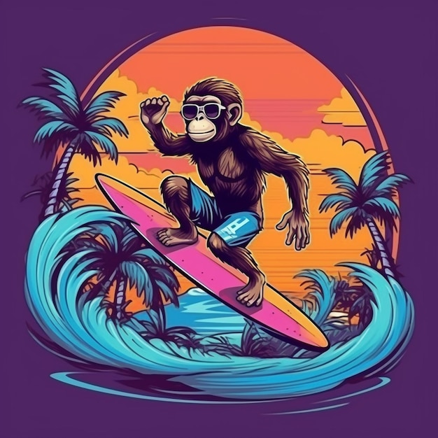 Un mono de dibujos animados montando una tabla de surf en una ola en el océano generativo ai