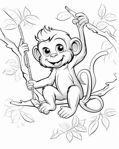 un mono de dibujos animados sentado en una rama con una rama en su mano generativo ai