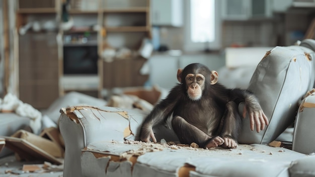 El mono domesticado arruinó el sofá del apartamento