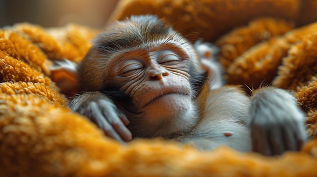 Foto mono durmiendo en una cama de mascotas