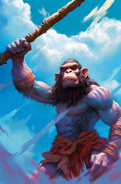 Un mono con una espada está parado en un cielo azul.