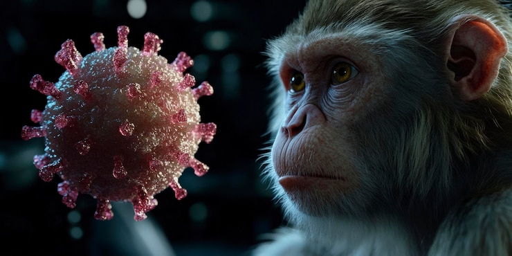 Foto un mono examinando un virus en un entorno de temática médica ominosa