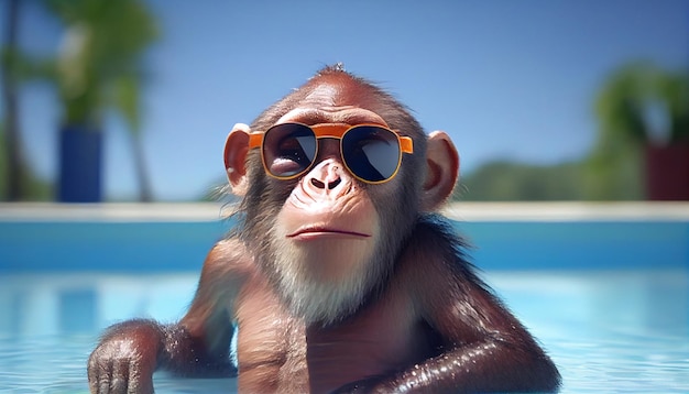 Mono feliz divirtiéndose en las vacaciones de verano en una piscina