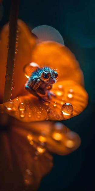 Un mono en una flor con gotas de agua