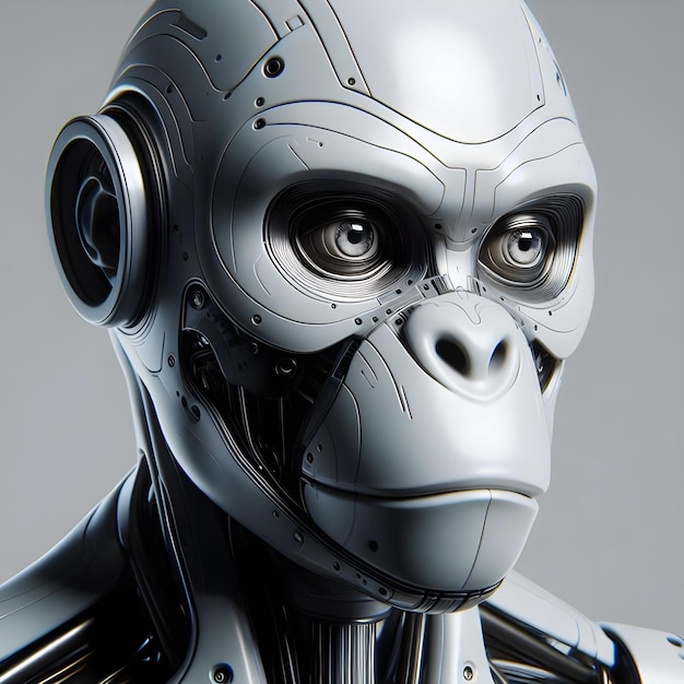 El mono futurista en 3D, el mono chimpancé, el primate mono, el humanoide, el robot inteligente, el scifi.