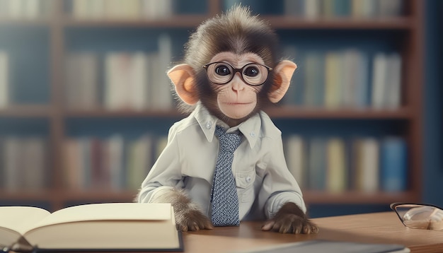 Un mono con gafas se sienta en un escritorio con una taza y una pila de libros