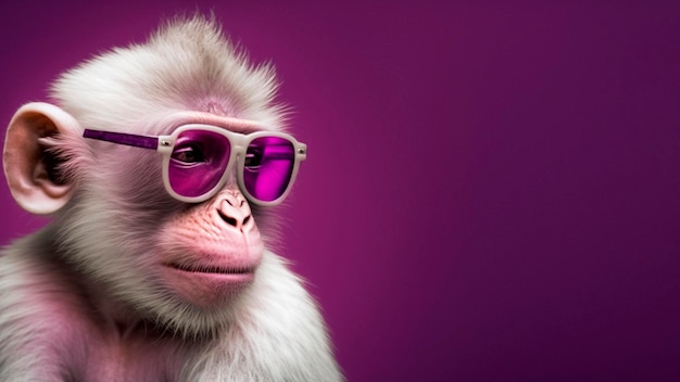 Un mono con gafas de sol y un fondo rosa.