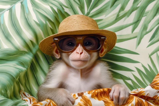 Foto mono con gafas de sol y sombrero de paja sentado en una silla con hojas de palma ia generativa