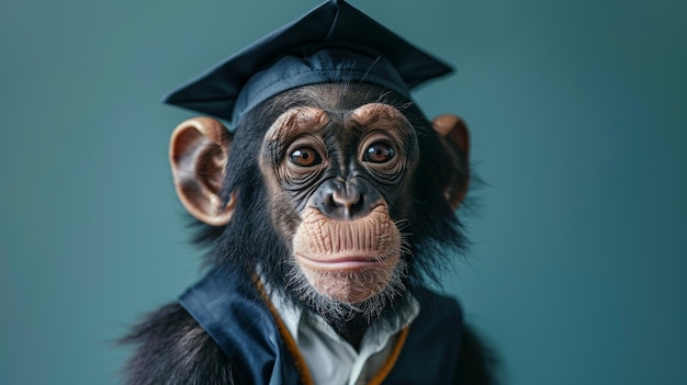 Mono con gorra y túnica de graduación