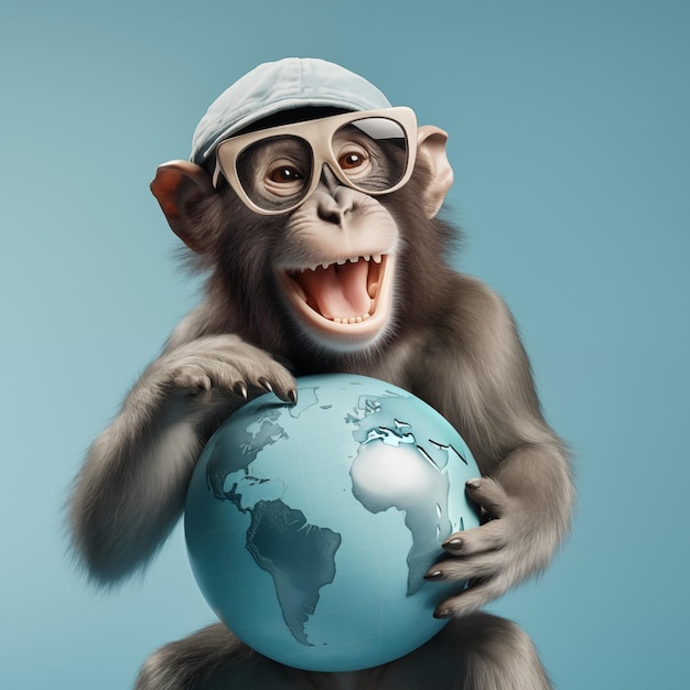 Un mono gracioso y alegre con ropa y gafas sostiene un modelo del globo en sus patas y estudia